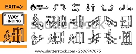 Way finding, exit door, escalator, stairs, elevator in public building, arrow path direction indoor orientation. Fire evacuation route. Person walk up down staircase. Enter, escape doorway sign vector