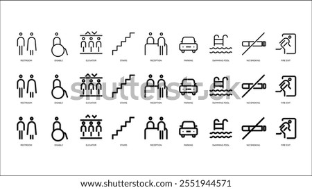 way finding line icon set. toilet, elevator, stair, reception symbols. Prohibition pictograms in linear style. Editable stroke. Vector graphics