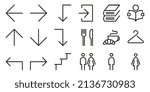 Way finding outline icon set. Arrows, ladder, exit, cafeteria, buffet, library, reading room, wardrobe, toilet line symbols.  Pictograms for public places. Vector graphics