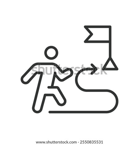 Way to flag, icon in line design. Flag, destination, marker, goal, route, path, way on white background vector. Way to flag editable stroke icon