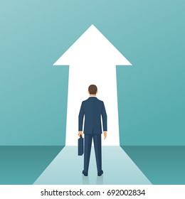 Way forward concept. Businessman in suit stands in front of an arrow ahead. Look into future. Business metaphor. Direction to achieve goal. Vector illustration flat design. Isolated on background.