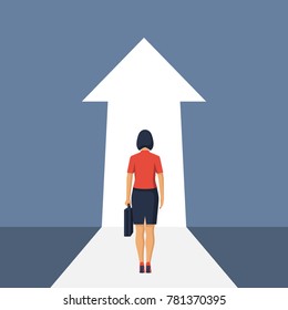 Way Forward Concept. Businesswoman In Suit Stands In Front Of An Arrow Ahead. Look Into Future. Business Metaphor. Direction To Achieve Goal. Vector Illustration Flat Design. Isolated On Background.