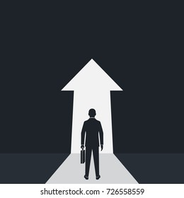 Way forward concept. Silhouette businessman in suit stands in front of an arrow ahead. Look into future. Direction to achieve goal. Vector illustration flat design. Isolated on background.