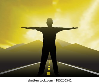 Way to freedom.Man silhouette on beautiful mountain sunset. Vector illustration.