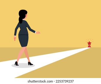 Way to get Success Concept. Business woman is walking to the winner cup