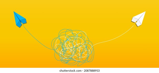 Way to go through the confusing situation. Solve the difficulties. Business Problem and solution for business creative concept. White and blue origami paper plane on yellow background.