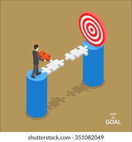 Way to the goal isometric flat vector concept. Man in suit walks to set missing part of bridge between him and goal.