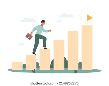 Way to goal. Man with briefcase rises to flag on increasing columns, metaphor for business or company development. Motivational poster or banner for website. Cartoon flat vector illustration