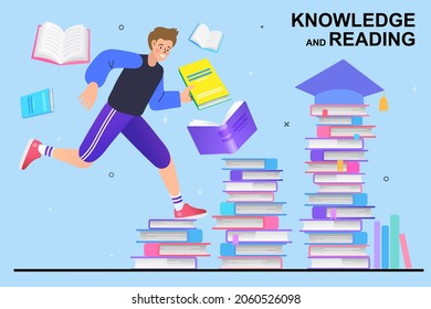 The way to the goal To receive graduation caps. Investment in education, knowledge, e-learning. World book reading or literacy day banner. Book market or fair concept. Online reading. Back to school.