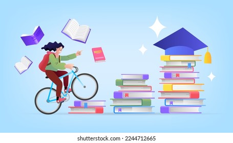 The way to the goal To receive graduation caps. Investment in education, knowledge, e-learning. World book reading or literacy day banner. Book market or fair concept. Online reading. Back to school.