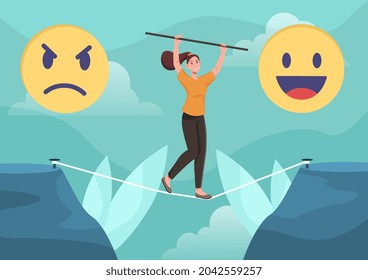 Way to good mood concept. Woman balances on rope to achieve emotional balance. Mental and psychological health. Angry and funny smile. Cartoon flat vector illustration isolated on blue background