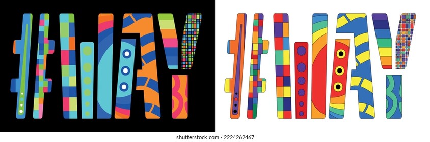 WAY Hashtag. Unique colorful friendly text. Cartoon bright isolate letters with creative multicolored decoration inside. Hashtag #WAY for network, web resources, print, typography design, t-shirt