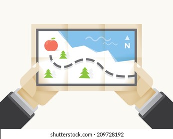Way to Health treasure map with apple in doctor hands. Idea - Way to Health and Healthy lifestyle, Vegetarianism, Raw food, Fruit and Vegetables concepts.