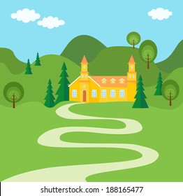 The way to home. Illustration with Summer rural landscape. The way to house between green hills, some trees, and blue sky with clouds. Vector file is EPS8, all elements are grouped.