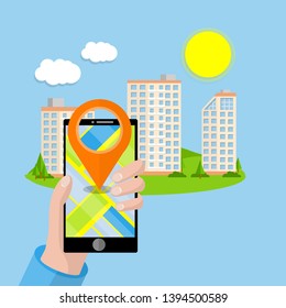 Way to the hotel. Group of tall houses on the beach. City by the lake and ocean. Navigation in the city tour. Hand with phone and app. Cartoon flat illustration