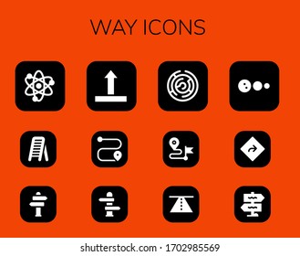 way icon set. 12 filled way icons.  Simple modern icons such as: Solar system, Ladder, Sign Post, Side up, Route, Direction, Maze, Road, Signpost