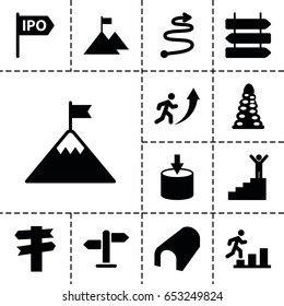 Way icon. set of 13 filled wayicons such as direction   isolated, tunnel, direction, curved arrow, man going up, man on stairs, flag on mountain