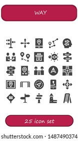 way icon set. 25 filled way icons.  Collection Of - Signpost, Directions, Gps, Route, Confused, Change, Destination, Motorway, Solar system, Direction sign, Street, Navigation