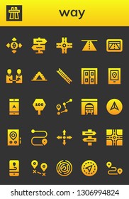 way icon set. 26 filled way icons.  Collection Of - Destination, Motorway, Signpost, Crossroad, Road, Gps, Change, Ladder, Double door, Navigation, Road sign, Route, Tunnel, Directions