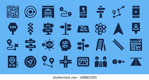 way icon set. 32 filled way icons. on blue background style Collection Of - Labyrinth, Road sign, Direction, Gps, Solar system, Direction sign, Tunnel, Signpost, Destination, Track