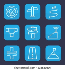 Way icon. set of 9 outline way icons such as road, direction, curved arrow, man on stairs, flag on mountain