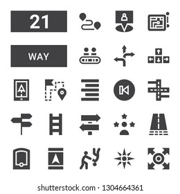 way icon set. Collection of 21 filled way icons included Direction, Navigation, Aikido, Gps, Road, Influencer, Sign Post, Ladder, Directions, Street, Back, Align right, Route