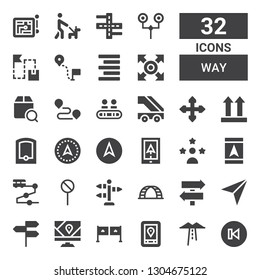 way icon set. Collection of 32 filled way icons included Back, Route, Gps, Entrance, Directions, Navigator, Sign Post, Ladder, Street, Street sign, Track, Influencer, Navigation