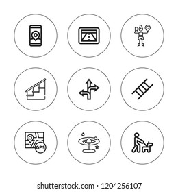 Way icon set. collection of 9 outline way icons with gps, ladder, road sign, stairs, walk icons. editable icons.