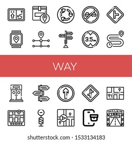 way icon set. Collection of Navigator, Gps, Tracking, Route, Roundabout, Signpost, No overtaking, Height limit, Intersection, Distance, Entrance, Straight, Crossroads, Walking street icons