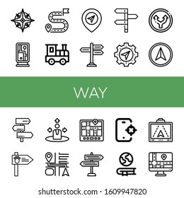 way icon set. Collection of Navigator, Guidepost, Destination, Railroad, Gps, Signpost, Directions, Straight, Road sign, Navigation, Tracking, Geography icons