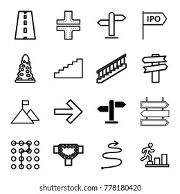 Way icons. set of 16 editable outline way icons such as direction, tunnel, road, labyrinth, forward, man going up, stairs, flag on mountain, curved arrow