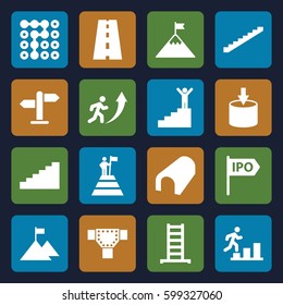 way icons set. Set of 16 way filled icons such as ladder, stairs, tunnel, road, direction, man going up, man on stairs, man at the top of the mountain with flag