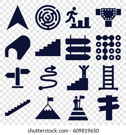 Way icons set. set of 16 way filled icons such as direction   isolated, ladder, stairs, tunnel, road, navigation arrow, direction, curved arrow, man going up, man on stairs
