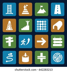 Way icons set. set of 16 way filled icons such as direction   isolated, ladder, tunnel, road, curved arrow, man going up, man on stairs