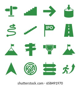Way icons set. set of 16 way filled icons such as direction   isolated, stairs, road, navigation arrow, direction, curved arrow, man going up, flag on mountain, entrance