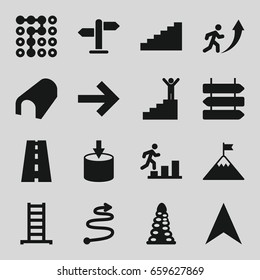 Way icons set. set of 16 way filled icons such as direction   isolated, ladder, tunnel, navigation arrow, road, direction, curved arrow, man going up, stairs, man on stairs