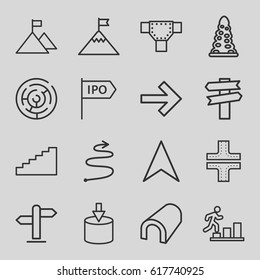 Way icons set. set of 16 way outline icons such as tunnel, road, navigation arrow, direction, curved arrow, man going up, stairs, flag on mountain, entrance, labyrinth