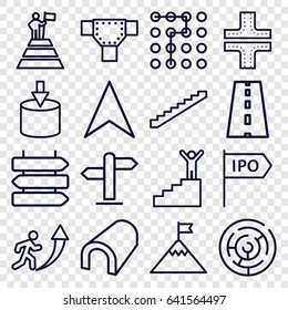 Way icons set. set of 16 way outline icons such as direction   isolated, stairs, tunnel, road, navigation arrow, direction, man going up, man on stairs