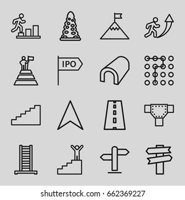 Way icons set. set of 16 way outline icons such as ladder, tunnel, road, navigation arrow, direction, man going up, stairs, man on stairs