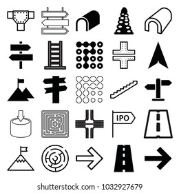 Way icons. set of 25 editable filled and outline way icons such as tunnel, direction, labyrinth, road, forward, flag on mountain, stairs, direction   isolated, ladder