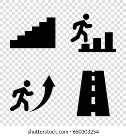 Way icons set. set of 4 way filled icons such as road, man going up