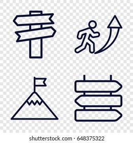 Way icons set. set of 4 way outline icons such as direction   isolated, man going up, flag on mountain