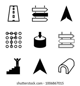Way icons. set of 9 editable filled and outline way icons such as navigation arrow, man on stairs, tunnel, labyrinth, road, direction   isolated