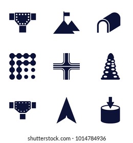 Way icons. set of 9 editable filled way icons such as tunnel, road, entrance, flag on mountain, labyrinth
