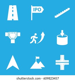 Way icons set. set of 9 way filled icons such as stairs, road, navigation arrow, direction, man going up, flag on mountain