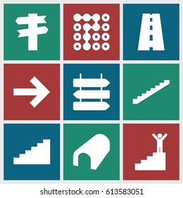 Way icons set. set of 9 way filled icons such as direction   isolated, stairs, tunnel, road, man on stairs, labyrinth, direction