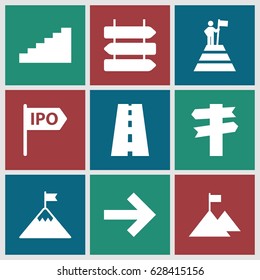 Way icons set. set of 9 way filled icons such as direction   isolated, road, direction, stairs, man at the top of the mountain with flag, flag on mountain