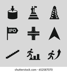 Way icons set. set of 9 way filled icons such as stairs, tunnel, road, navigation arrow, direction, man going up, man at the top of the mountain with flag