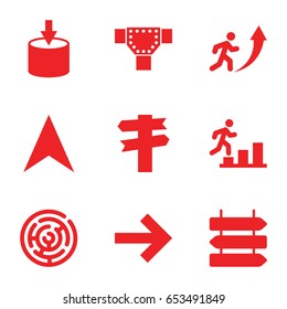Way icons set. set of 9 way filled icons such as direction   isolated, road, navigation arrow, man going up, entrance, labyrinth, direction