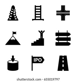 Way icons set. set of 9 way filled icons such as direction   isolated, ladder, tunnel, road, direction, man on stairs, flag on mountain